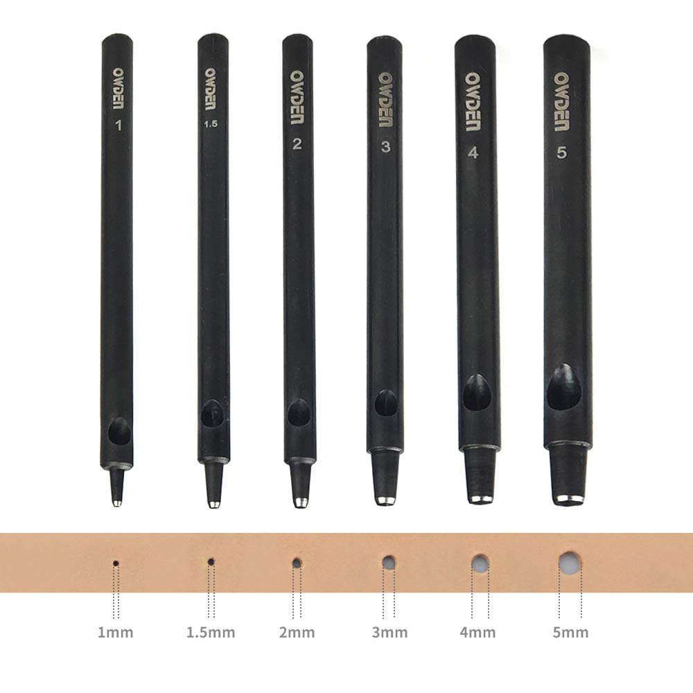 OWDEN Professional 6pc Leather Hollow Punch Set, Size 1.0-5.0mm, Black Finish, Free Mini Cutting Mat