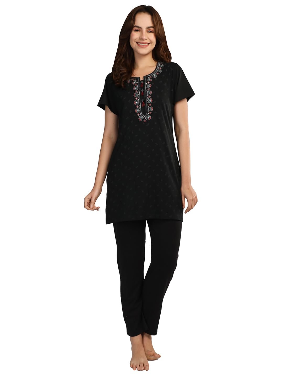 Duchess Women’s Cotton Premium Printed & Embroided Long Length Night Suit Set|Soft Breathable Comfortable Home Wear & Sleepwear Nightwear Set |Top & Pyjama Set for Women|(Available in Plus Size)