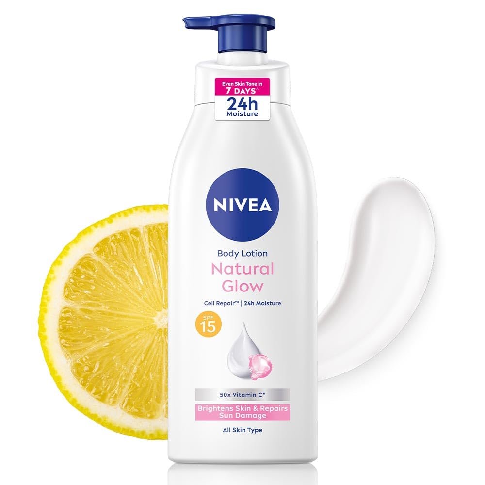 NIVEA Natural Glow Cell Repair Body Lotion with SPF 15 And UV A & B Filters | 50X Vitamin C | 24H Hydration | Even Skin Tone in 7 Days | Brightens Skin and Repairs Sun Damage | Lightweight, Quick Absorbing, Non-Sticky Formula | For All Skin Types | 400 Ml