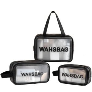 Waterproof Wash Bag Pouch for Travel Kit Toiletry Bag Pink Faux Leather, 3-Piece Travel Makeup, Brushes & Accessories Toiletry Organiser with Clear Window (Black 3)