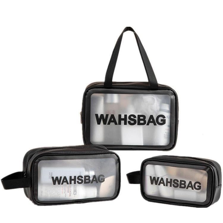 Waterproof Wash Bag Pouch for Travel Kit Toiletry Bag Pink Faux Leather, 3-Piece Travel Makeup, Brushes & Accessories Toiletry Organiser with Clear Window (Black 3)