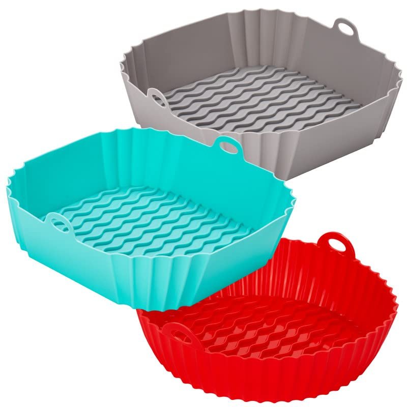 Silicone Air Fryer Liners (2 Square + 1 Round) 3 Pack Reusable Silicone Airfryer Liners Tray | Replacement for Disposable Parchment Paper Liner | Food Grade Kitchen Accessories