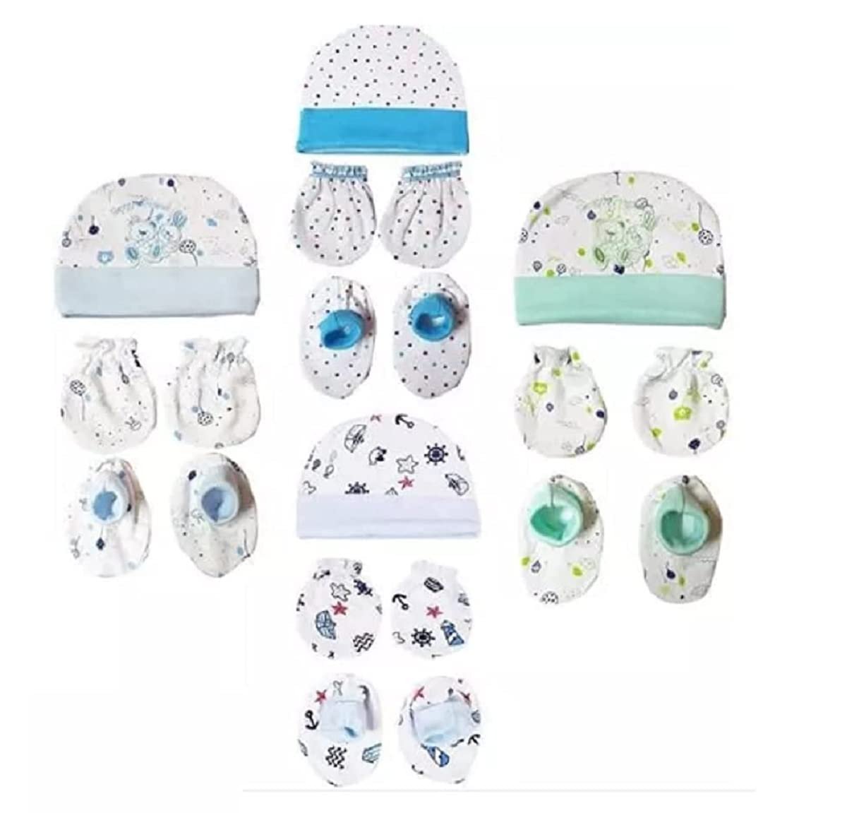 Hozzbun 100% Soft Cotton Baby Mittens Caps Gloves Booty Combo, Pair of 4