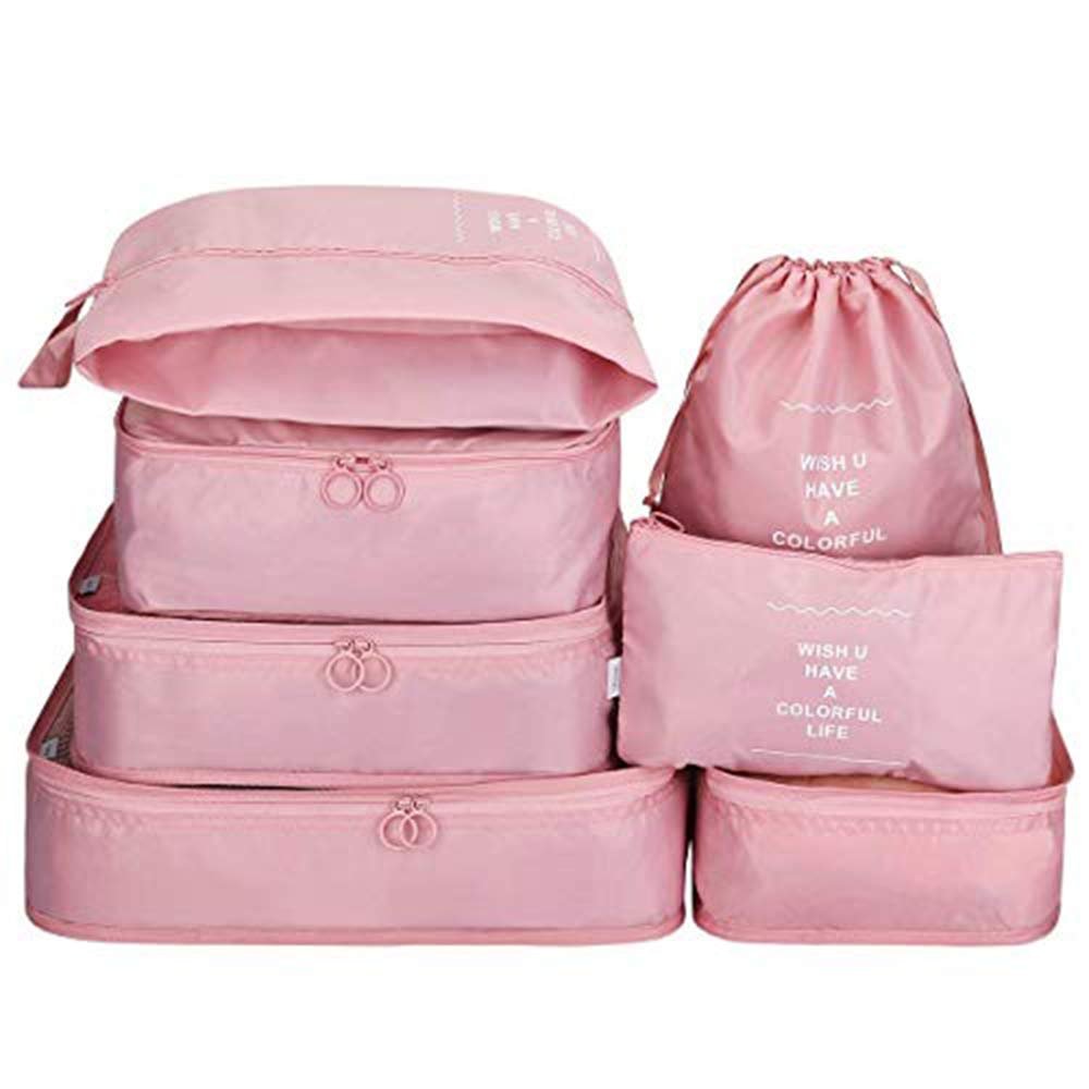 Styleys Polyester Packing Cubes Travel Organizer with Shoe Bag Travel Pouch Set of 7 (Baby Pink – S11003) 20L x 4W x 30H Cm