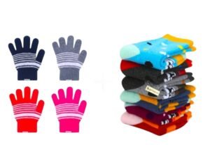 Kids Winter Combo Set, 4 Woolen Gloves and 4 Socks, Striped Design, Warm Winter Wear