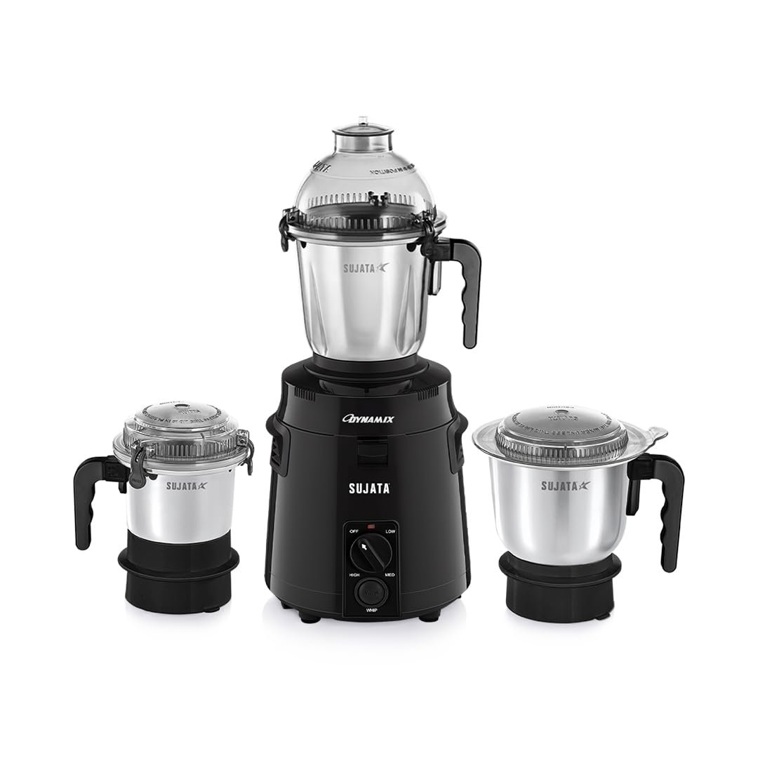 Sujata Dynamix Mixer Grinder|900 Watts Double Ball Bearing Motor|22000 RPM|Non-Stop 90 Mins Running|3 Food Grade Steel Jars – 1500ml Multipurpose, 1000ml Grinder, 500ml Chutney Jar|Black