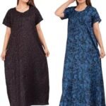 NILOUFO Women’s Cotton Maxi Nighty Pack of 2 | Soft Printed Ankle-Length Night Dresses | Free Size Comfortable Sleepwear Gown for Ladies