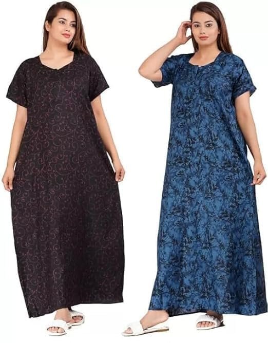 NILOUFO Women’s Cotton Maxi Nighty Pack of 2 | Soft Printed Ankle-Length Night Dresses | Free Size Comfortable Sleepwear Gown for Ladies