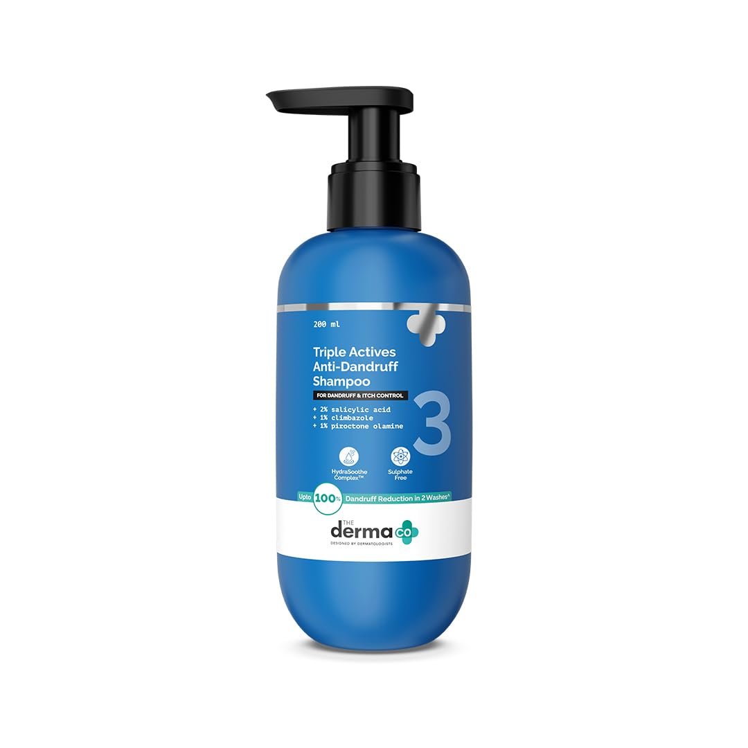 The Derma Co Triple Actives Anti-Dandruff Shampoo | Up To 100%* Dandruff Reduction | 2% Salicylic Acid + 1% Climbazole + 1% Piroctone Olamine & Menthol | ZPTO-Free | pH 5.5, Non-Drying & Sulphate-Free formula | Suitable for Men & Women | 200 ml