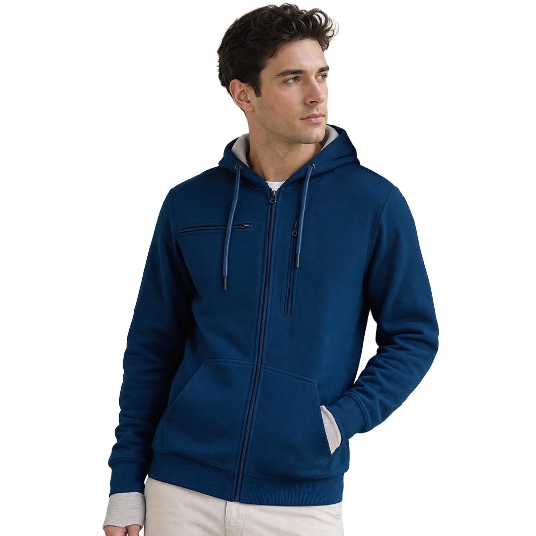 NOBERO Travel Hoodies for Men|Cotton Fleece Solid Hooded Full Sleeve Sweatshirt|15 Utility Features,Tab & Drinks & earphones Holder,Charger & Sunglass Pocket, Microfiber Cloth,In-Built Gloves,Eye Mask