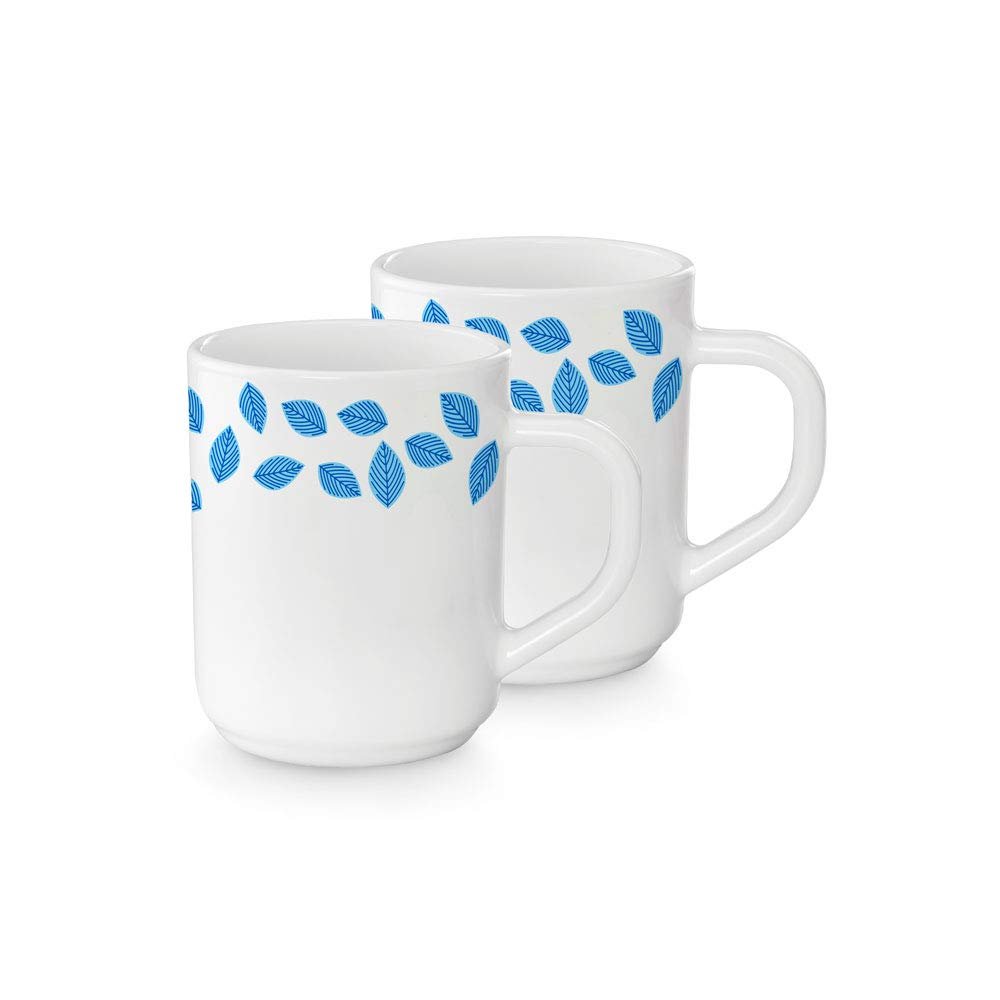 Larah By Borosil Glass Blue Leaves 2 Piece Mug Set, 240 ML