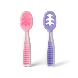 NumNum Pre-Spoon Gootensils | Baby Spoon Set (Stage One + Stage Two) | Bpa Free Silicone Self Feeding Utensil | #1 Doctor Recommended Baby Led Weaning Spoon for Kids Ages 6 Months+ (Lilac/Rosebud)