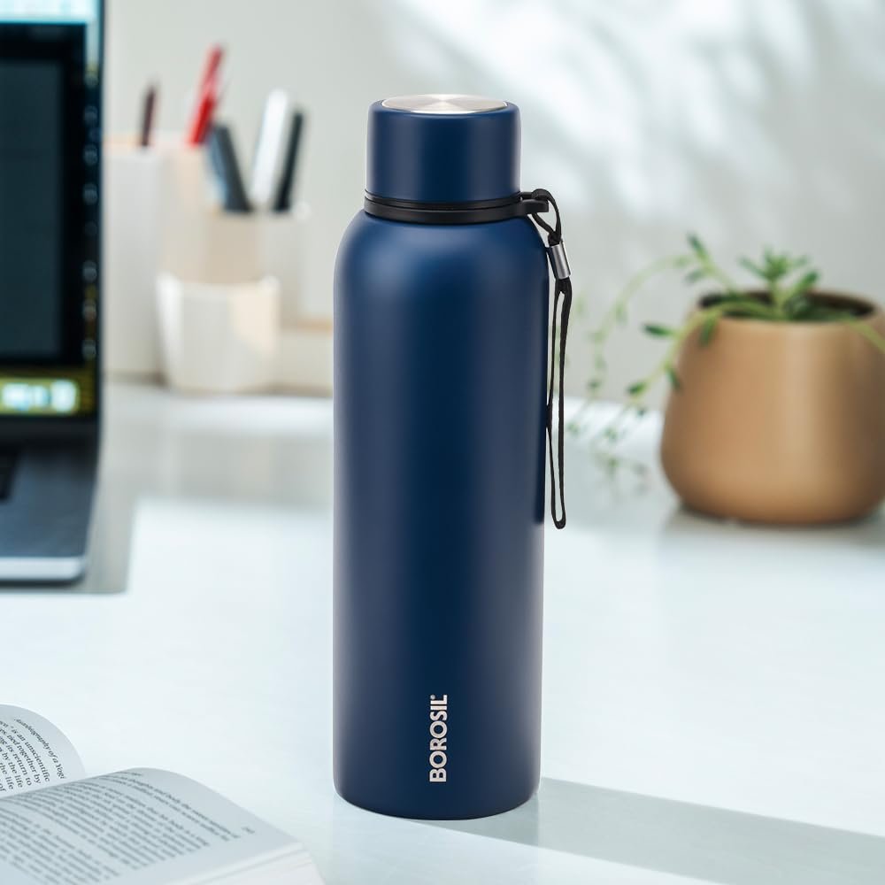 Borosil Hydra Trek Stainless Steel Water Bottle | Double Wall Vacuum Insulated Flask, Green | 20 Hours Hot & 24 Hours Cold | Ideal for Personal & Corporate Gifting | 1 Year Warranty (Indigo, 700 ml)