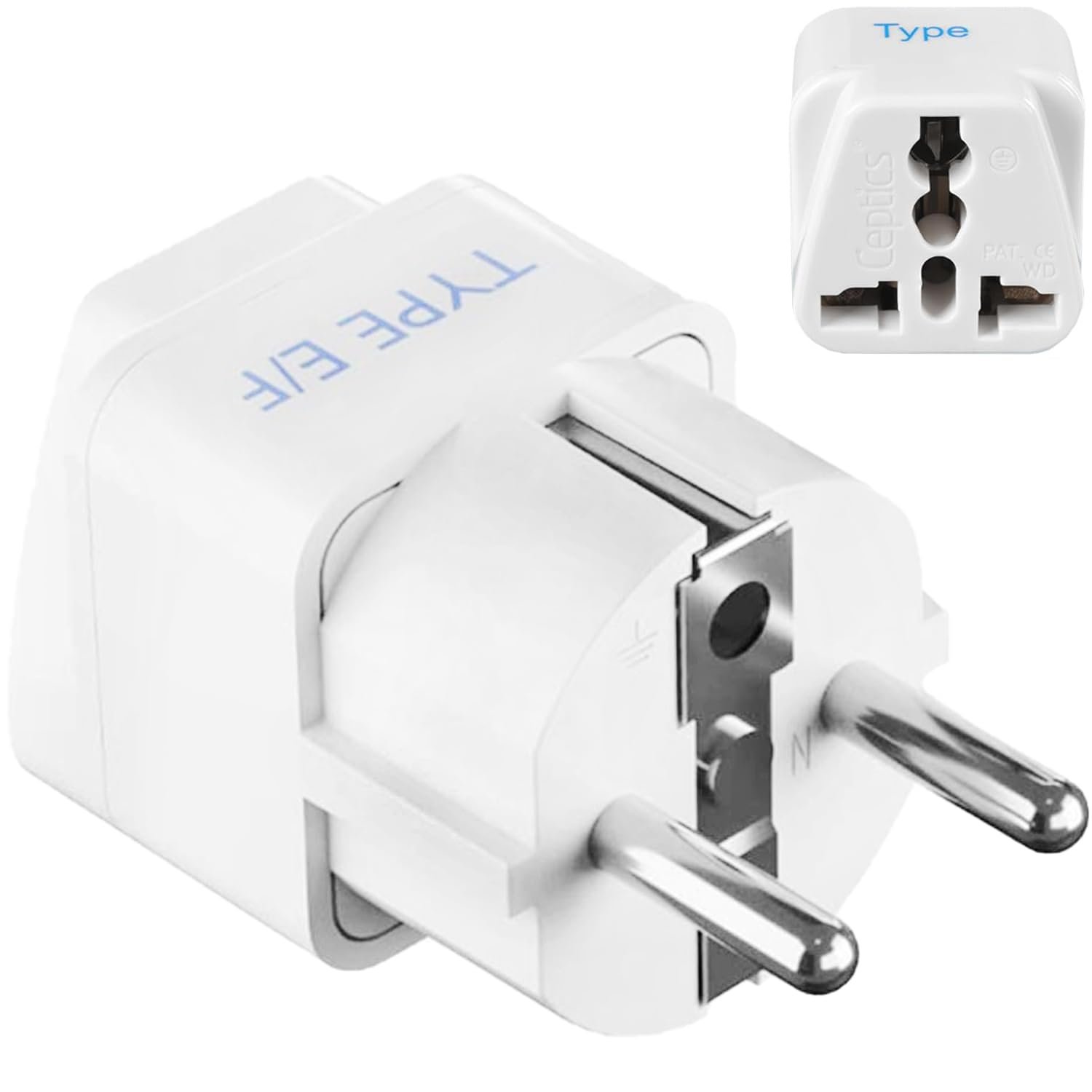 Ceptics India to European Travel Adapter (Schuko) – Type E/F India to Europe – CE Certified – RoHS Compliant – White – 1 Pack – 5 Years Warranty