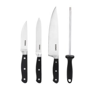 Amazon Brand – Solimo Premium High-Carbon Stainless Steel Kitchen Knife Set, 4-Pieces (with Sharpener), Silver