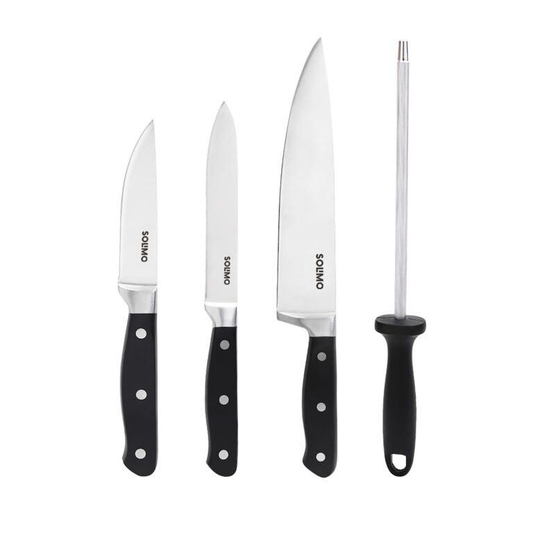 Amazon Brand – Solimo Premium High-Carbon Stainless Steel Kitchen Knife Set, 4-Pieces (with Sharpener), Silver