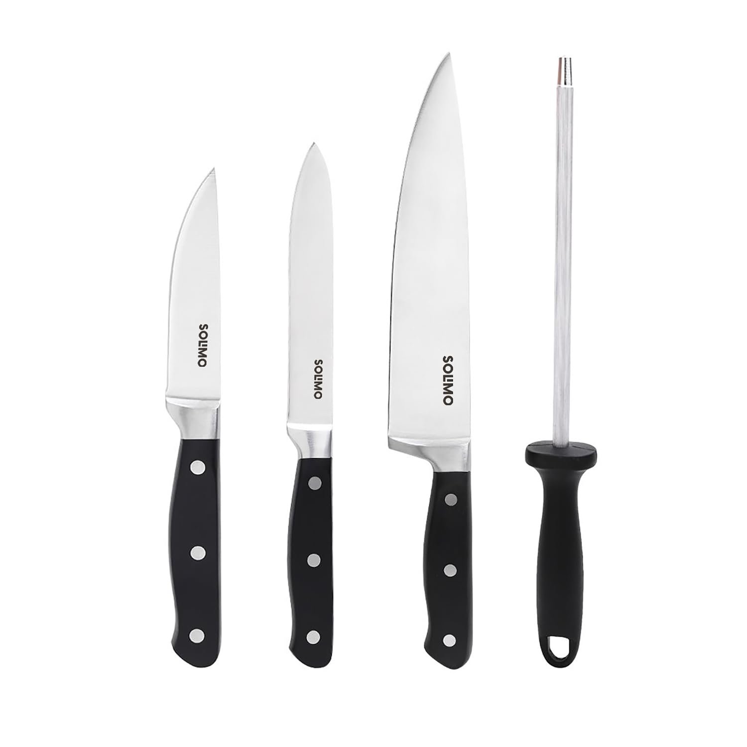 Amazon Brand – Solimo Premium High-Carbon Stainless Steel Kitchen Knife Set, 4-Pieces (with Sharpener), Silver