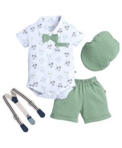 BUMZEE Baby Boys Regular Fit Half Sleeves Collar Neck Cotton Bodysuit & Short Set With Bow Suspender & Cap