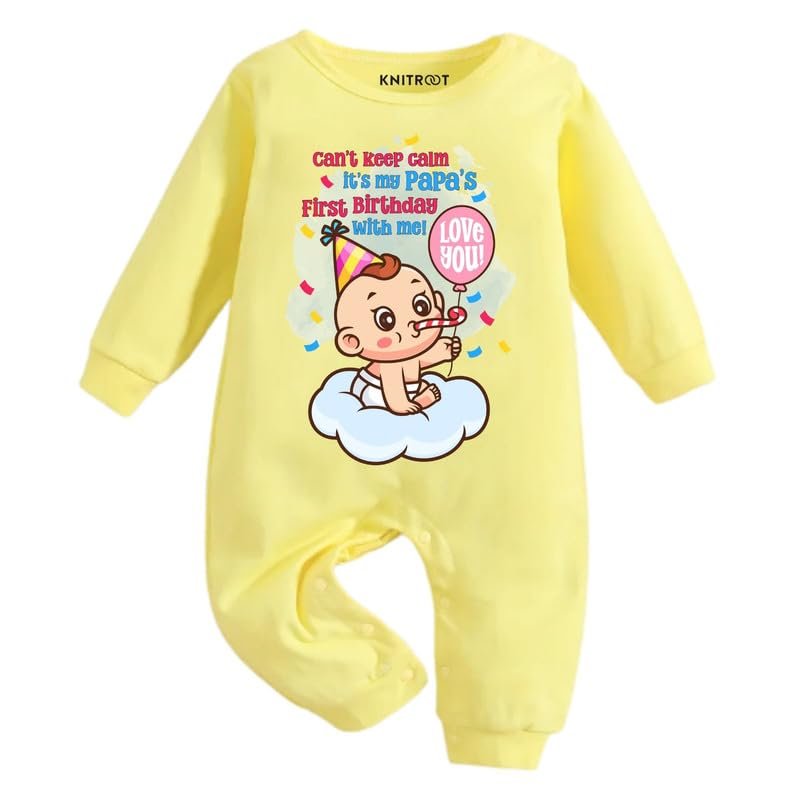 KNITROOT Dad Birthday Theme, Papa’s First Birthday, 100% Pure Cotton Yellow Jumpsuit, Unisex Baby Kids Romper, Sleepsuit, Bodysuit, Full Sleeves, Shoulder-Snap-Buttons, Infant Cloths, 0-18 Months