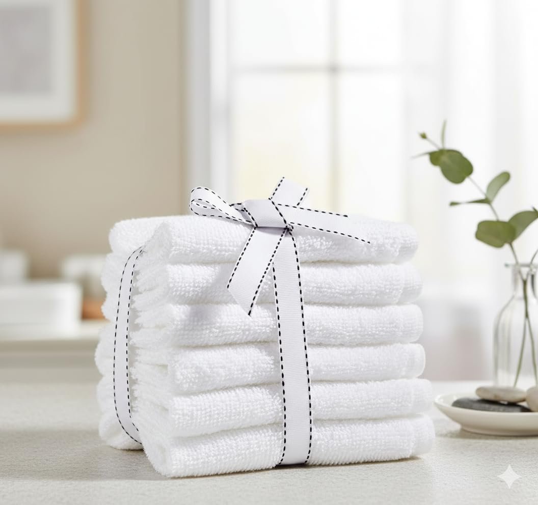 FRESH FROM LOOM Cotton Face Towel 500 GSM, Size – 12×12 inch (Set of 6 pc White)