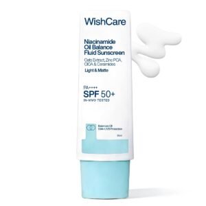 WishCare Niacinamide Oil Balance Fluid Sunscreen SPF 50 PA++++ In-Vivo Tested | 8Hrs+ SPF Protection | Lightweight, Matte & No White Cast | Photostable Sunscreen SPF50 For Oily Skin, Sensitive, Dry & Combination Skin | For Women & Men | 50 ml