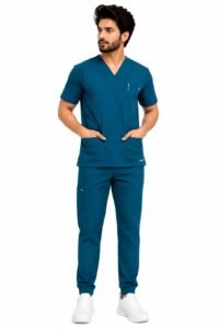 Unisex Medical Scrub Suit Set, V-Neck Top with Pants, Short Sleeve, Cargo Pockets, Peacock Blue, Professional Healthcare Uniform