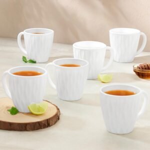Larah by BOROSIL Curl Opalware Cup, Set of 6 Tea/Coffee Cups, 160 ml Each, Microwave & Dishwasher Safe, Bone-Ash Free, Crockery Set Ideal for Daily Use & Gifting, White