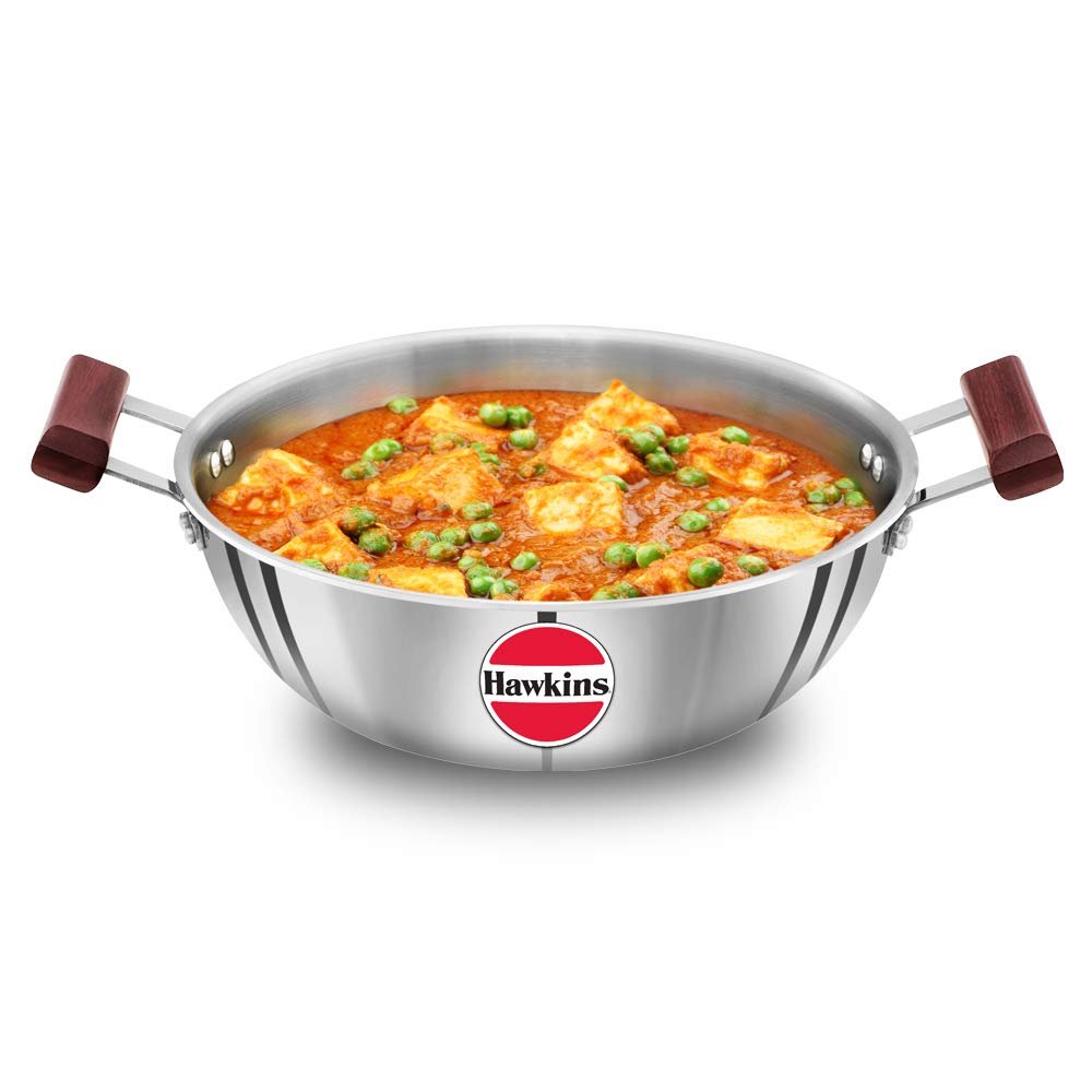 Hawkins 4 Litre Deep Kadhai, Triply Stainless Steel Kadai, Flat Bottom Induction Kadhai, Big Kadai, Silver (SSK40)