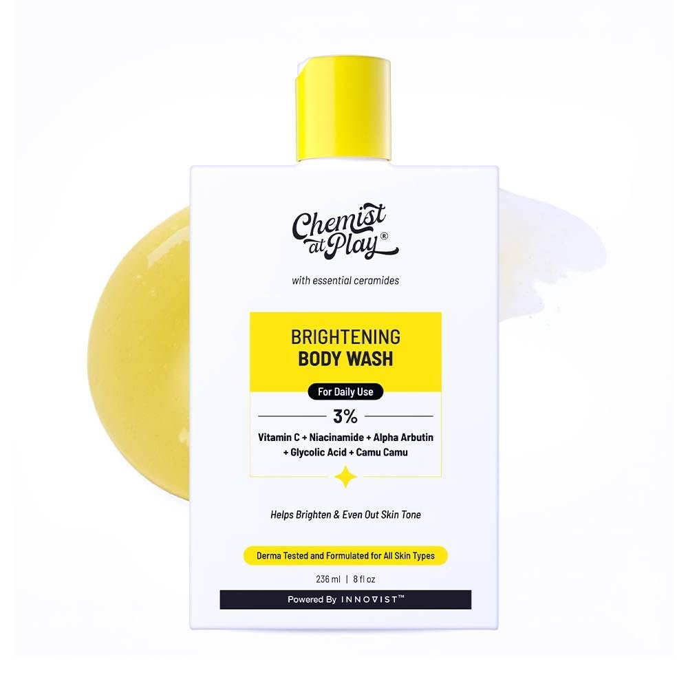 Chemist At Play Brightening Body Wash | Glowing Skin Detan Bodywash | Reduces Dark Spots, Tan & Evens out Skin Tone | Glycolic Acid | Alpha Arbutin | 30X Vitamin C with Camu Camu | Women & Men | 236ml