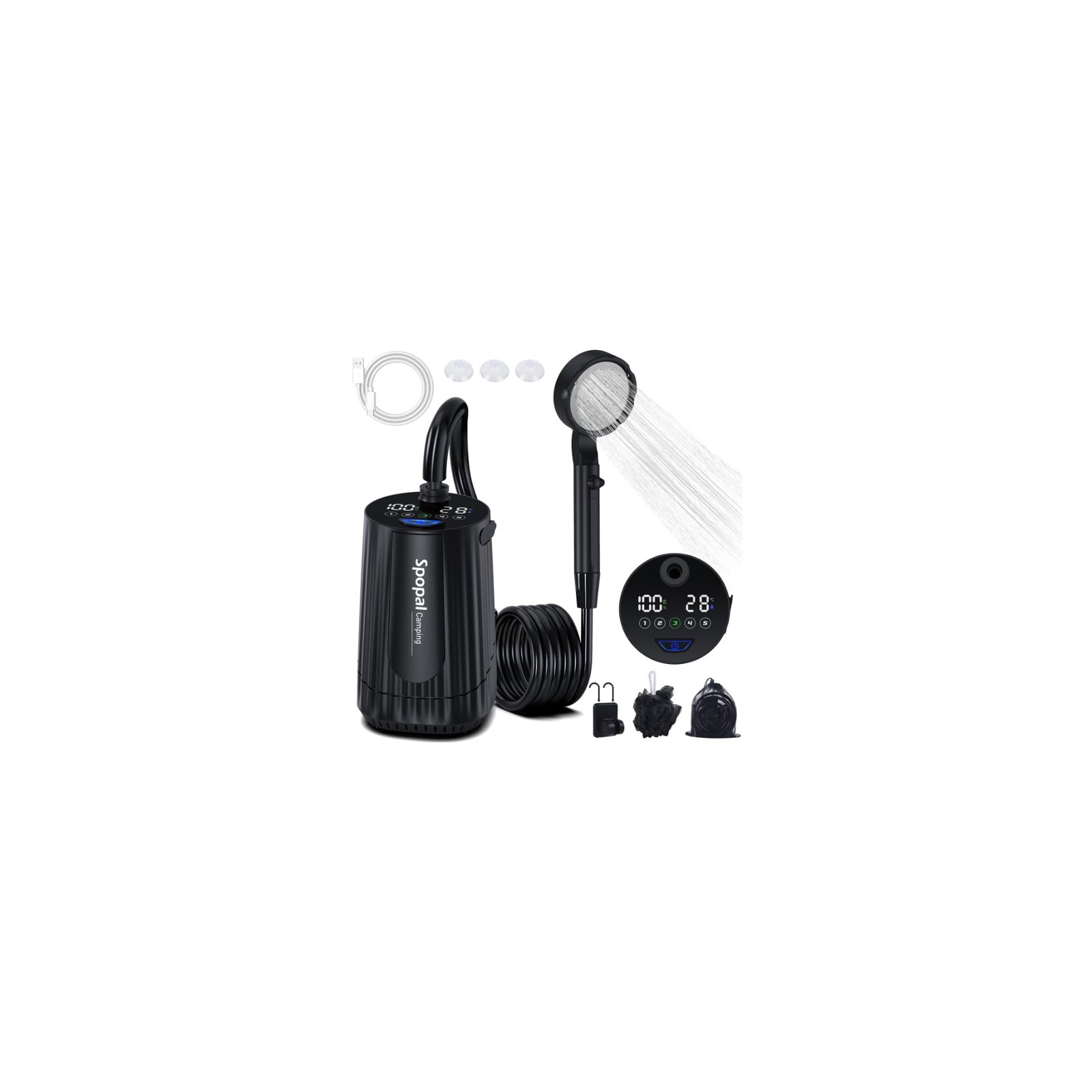 Spopal Portable Shower for Camping, [Upgraded] 10000mAh Rechargeable- Black