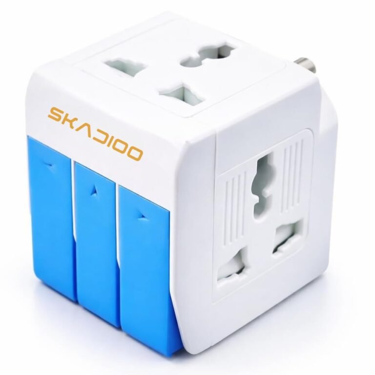 SKADIOO Universal Charger Adapter | 2 Years Warranty, 3-in-1, 5A – 250V | Adapter Charger, Universal Travel Adapter All in One, Multi Plug Adapter, Individual Switch and Fuse Protected (White, Blue)