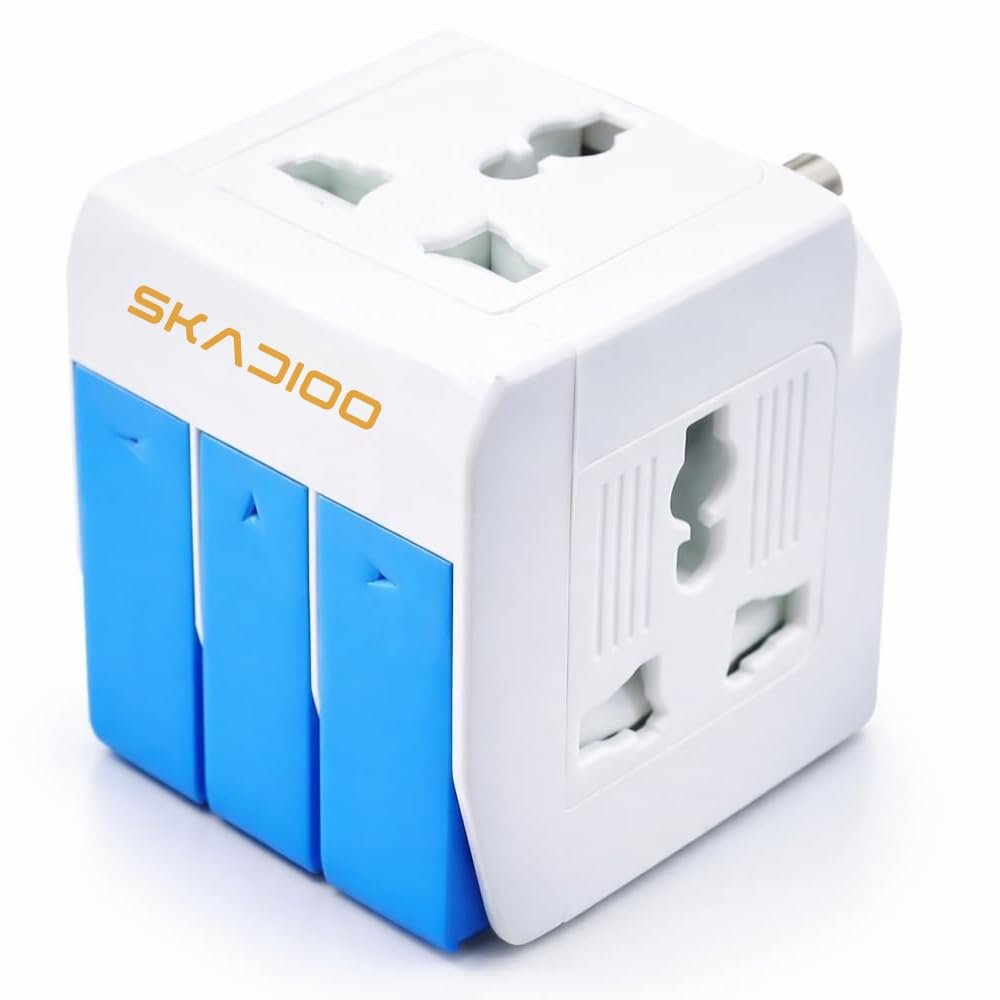 SKADIOO Universal Charger Adapter | 2 Years Warranty, 3-in-1, 5A – 250V | Adapter Charger, Universal Travel Adapter All in One, Multi Plug Adapter, Individual Switch and Fuse Protected (White, Blue)