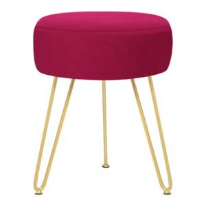 GERANT Multifunctional Vanity Stool – Velvet Footrest Stool-Upholstered Chair – Ottoman Round Modern Dressing Chair – Side Coffee Table Seat with Golden Metal Leg for Living Room (Rose Red)