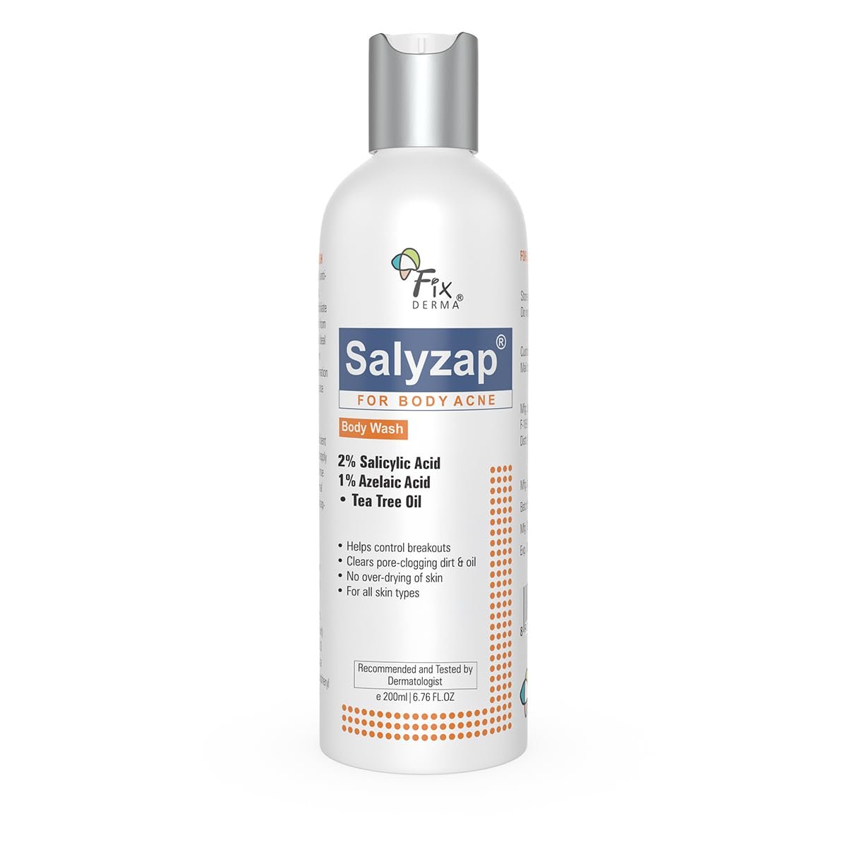 Fixderma Salyzap 2% Salicylic Acid Body Wash For Acne | Exfoliating Bodywash | Anti Acne Body Wash on Back & Arms for Acne Prone Skin | Helps in Control Brekouts, Unclogs Pores – 200ml