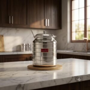 Ghee container with spoon, ghee container, ghee pot, oil dispenser for kitchen, ghee pot steel Oil Dispenser, Platinum Finish (600 ml)