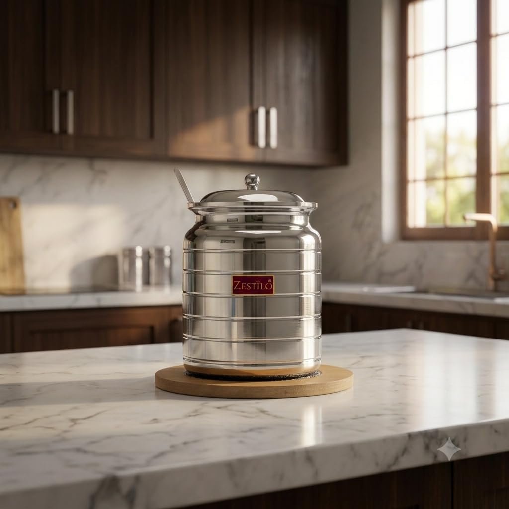 Ghee container with spoon, ghee container, ghee pot, oil dispenser for kitchen, ghee pot steel Oil Dispenser, Platinum Finish (600 ml)