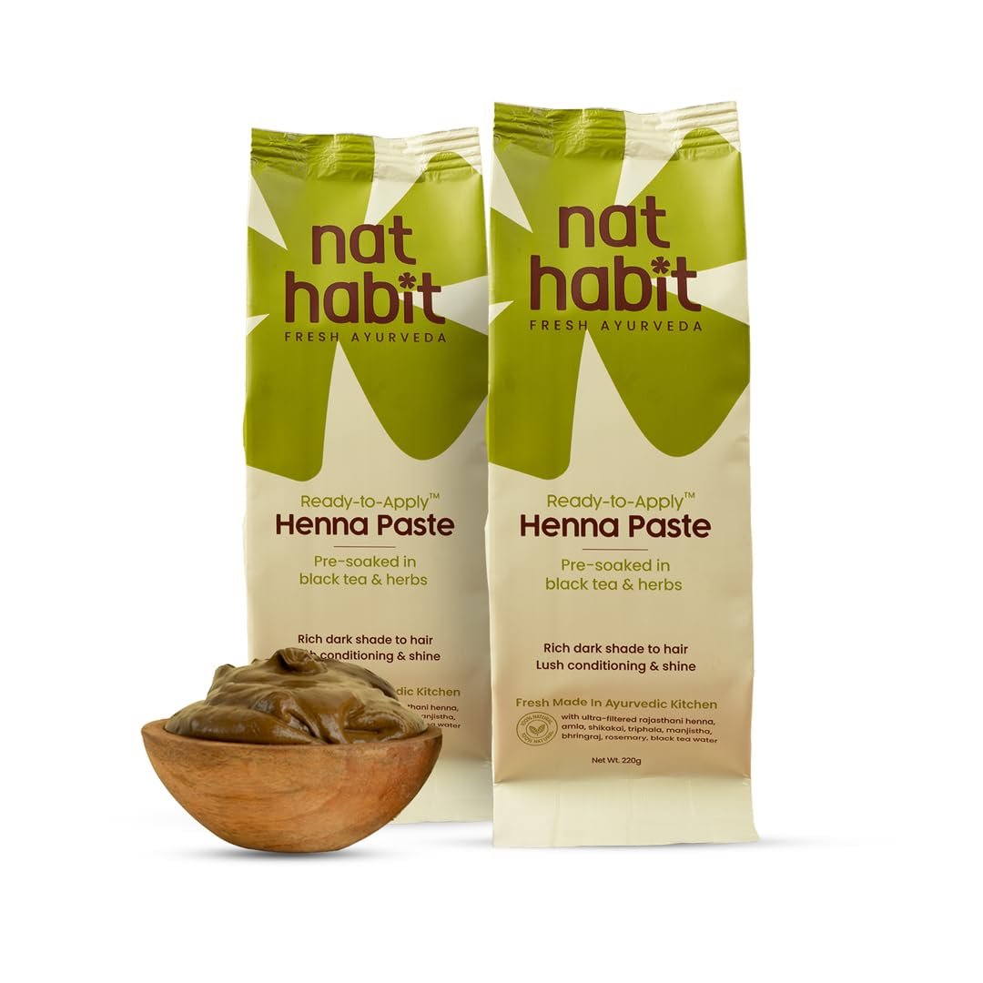 Nat Habit – Fresh Ready To Apply Henna Paste, Pre-Soaked in Black Tea and Herbs,100% Natural Rajasthani Henna, Imparts Rich Brown Shade (Pack of 2 x 220g)