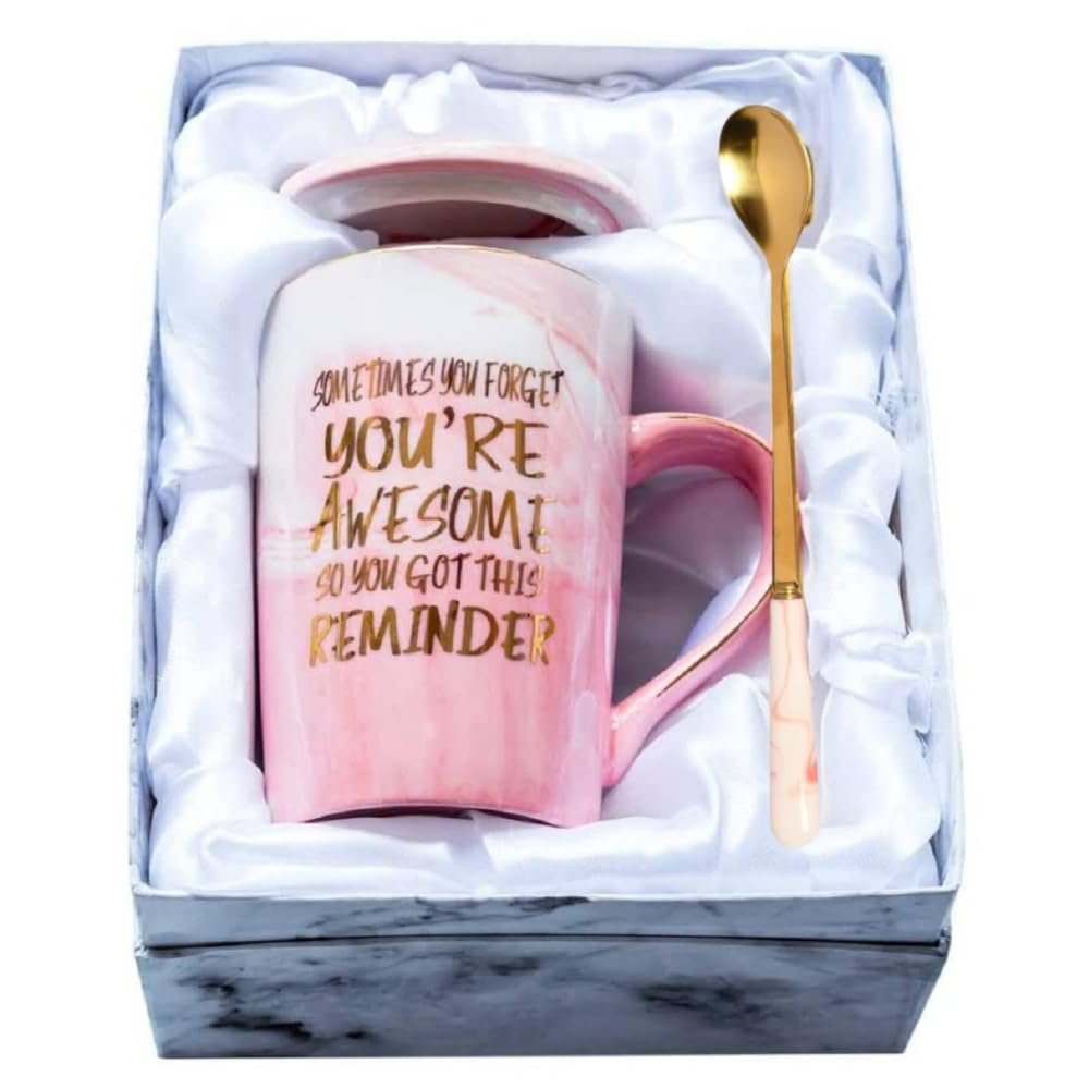 NYRWANA Coffee Mug, Gifts for Woman, Birthday Present for Girlfriend, Mugs for Present, Diwali Gift, Present for Wife Birthday, Cute Mugs with Spoon, Box & Bag (400ml-Pink)