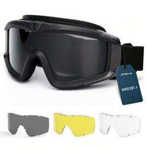 Outdoor Sports Military Airsoft Tactical Goggles with 3 Interchangable Lens Impact resistance Hunting Eyewear, UV400 Protection Shooting Glfor Men Women Motorcycle Riding Wargame Paintball Black