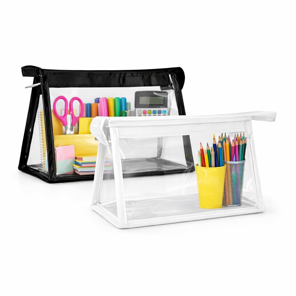 AQBAH Pencil Case Polyurethane Large Capacity Big Pencil Pouch for Girls & Boys, Transparent Pen Bag Organizer for School, Multi-Purpose Stationary (2, White – Black)