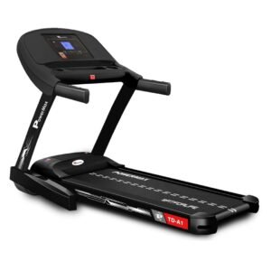 PowerMax Fitness TD-A1 6HP Motorised Foldable Treadmill for Home User Wt. 120kg 15 Lvl Auto-Incline Running Machine for pro-workout, Top Speed 14 km/ph, Speaker, LCD Display, Bluetooth for app