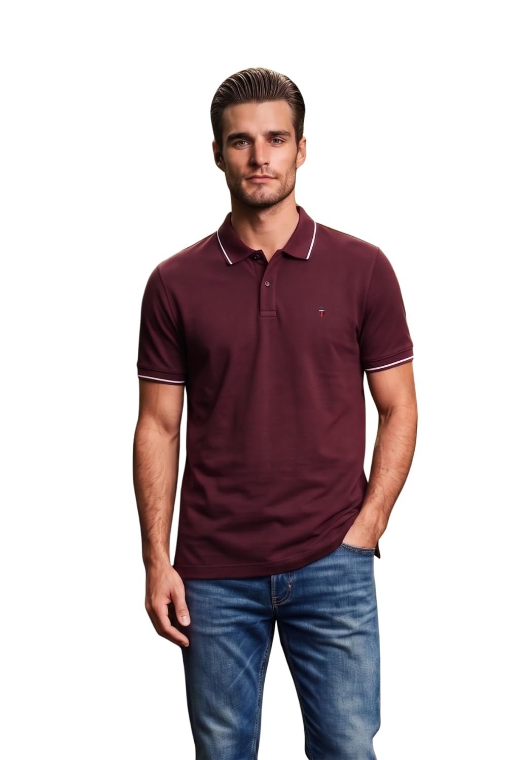 Louis Philippe Men’s Slim Fit Single-Tuck Pique Stylized Sleeve Print and Contrast Tipping Half Sleeve Solid Cotton Polo Tshirt