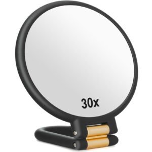 Sifolo 30x Magnifying Mirror, Travel Hand Mirrors with Handle – Double Side Handheld Mirror with 1X 30X Magnification & Adjustable Handle/Stand, Hand Held Foldable Travel Mirror for Makeup(Black)