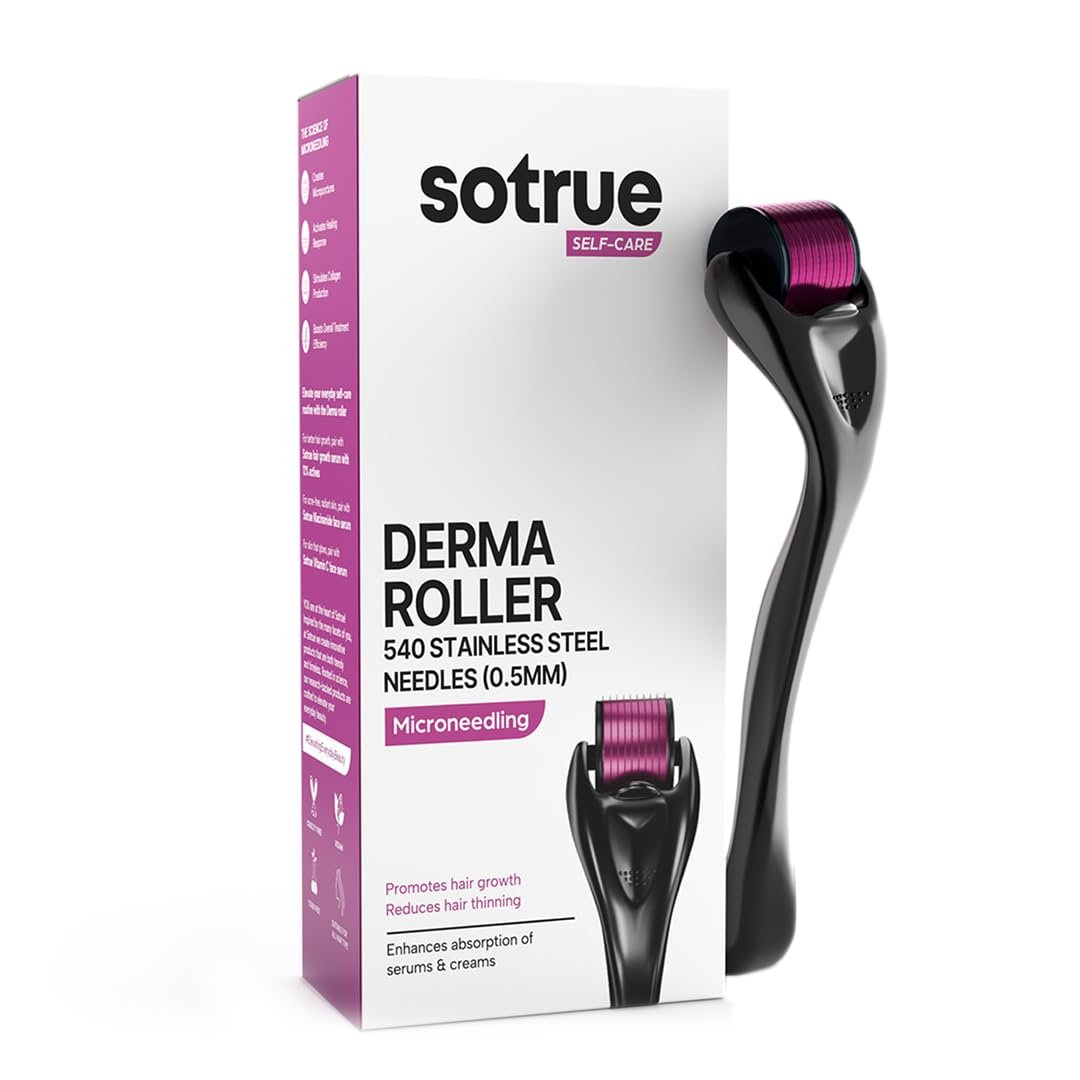 Sotrue Derma Roller 0.5mm | 540 Stainless Steel Needles | Derma Roller for Hair Growth & Thickening, Repair Damages and Activates Hair Follicles, Reduces Acne Scars (Black)