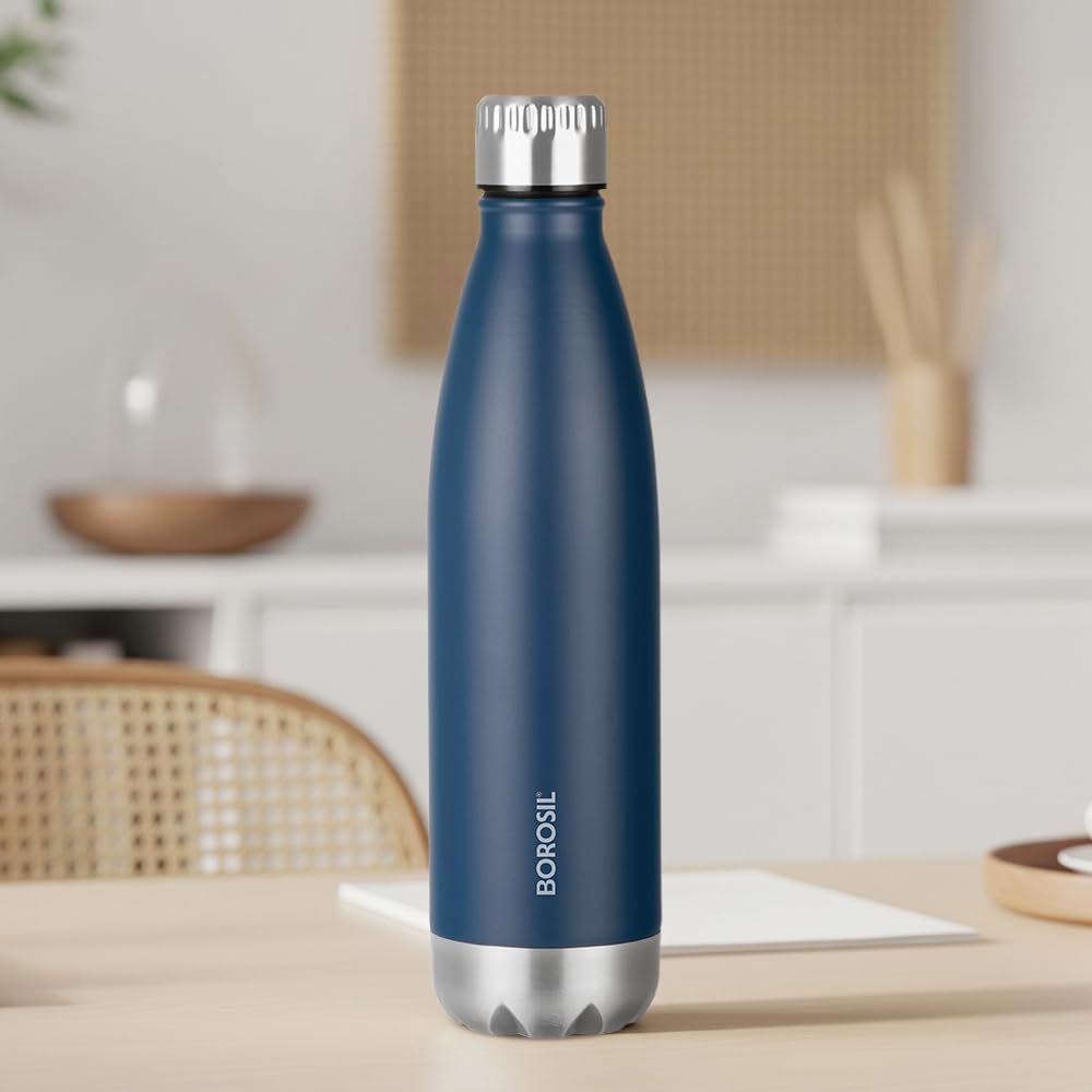Borosil 1L Hydra Bolt Matte Blue Stainless Steel Water Bottle | Double Wall Vacuum Insulated Flask | 24 Hours Hot and Cold | Bottle for Office, Gym, School | 1 Year Warranty