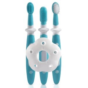 LuvLap Baby 3 Stage Training Toothbrush Set with Anti-Choking Shield, Baby Oral Hygiene Kit, BPA Free, Ideal for Teething Infants & Toddlers, Includes Stage 1, 2 & 3 Brushes (Blue)