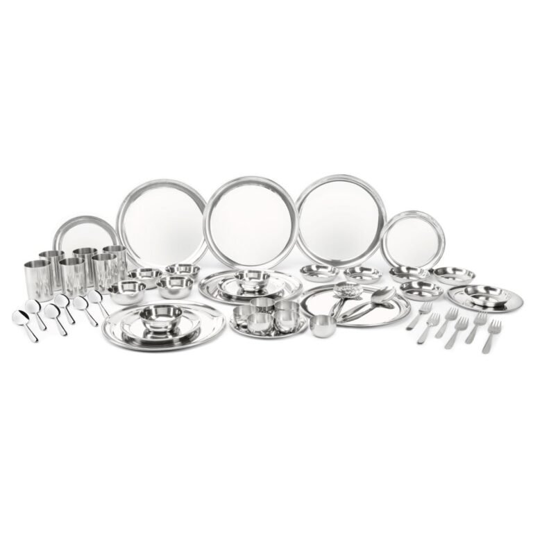 Shri and Sam Dinner Set | 50-Piece Shagun Stainless Steel Dinner Set for 6 People, Solid Silver Steel Kitchen & Dining Set with Plates, Bowls, Glasses, Spoons & Serving Essentials