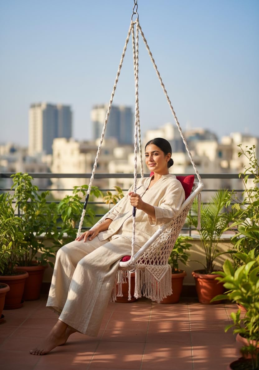Patiofy Rectangle Shape Swing for Balcony/Swing Chair for Adults for Home/Jhoola with Red L Cushion (16 * 32 Inches) Includes Hanging Kit (White- Polyester, 91 Cm, 66 Cm, 167 Cm)