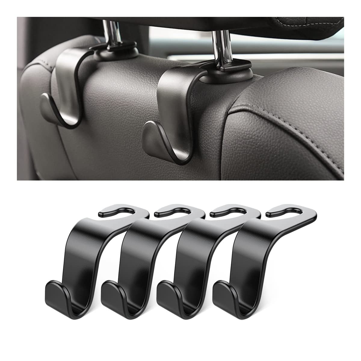 4 Pack Curved Headrest Hooks for Vehicle Seats, Black Style 2