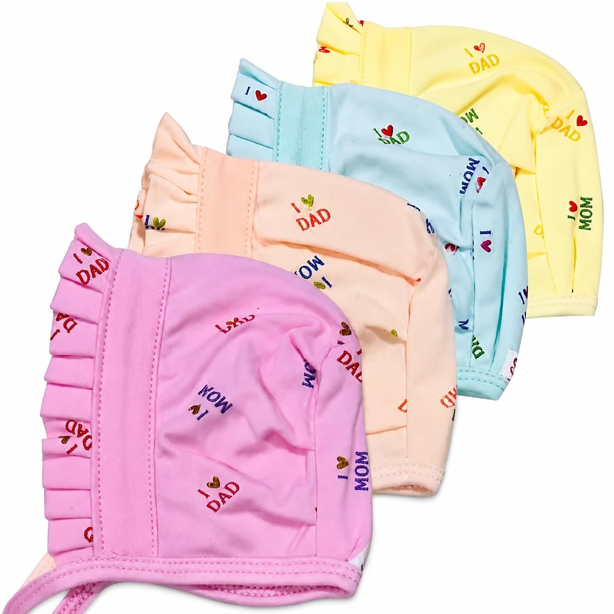 Baby Bonnet Cap with Frill, I Love Mom and Dad Print, Pack of 4, Multicolour, Soft Cotton